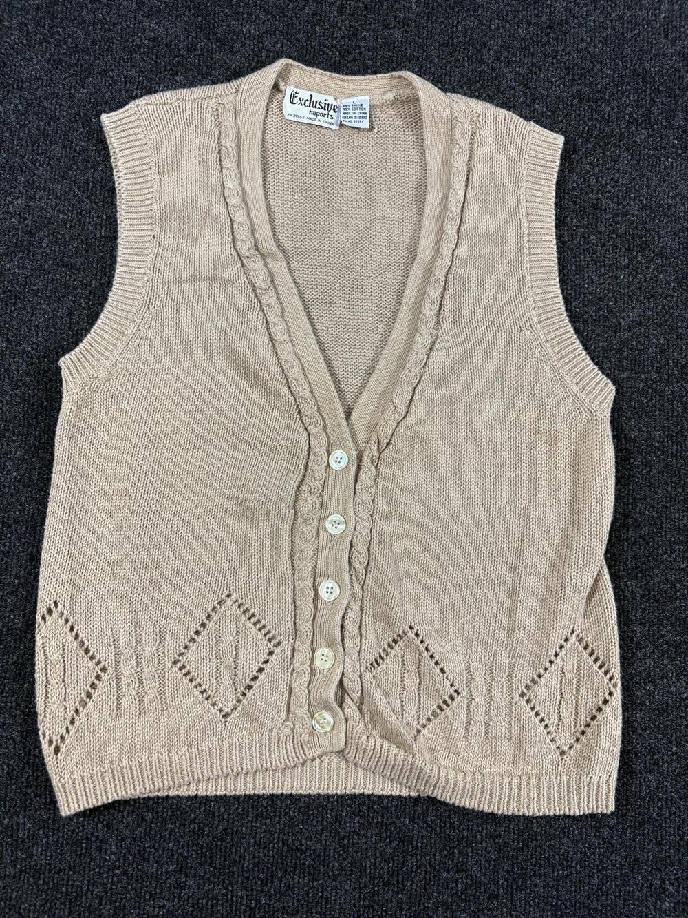 Vintage Exclusive Imports Vest Womens L Beige Knit Ramie Button Front Geometric